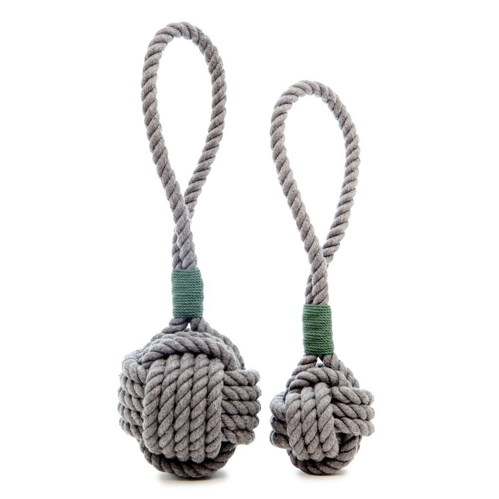MYSTIC KNOTWORK | Monkey Fist Dog Toy in Grey with Green Whipping Play MYSTIC KNOTWORK   