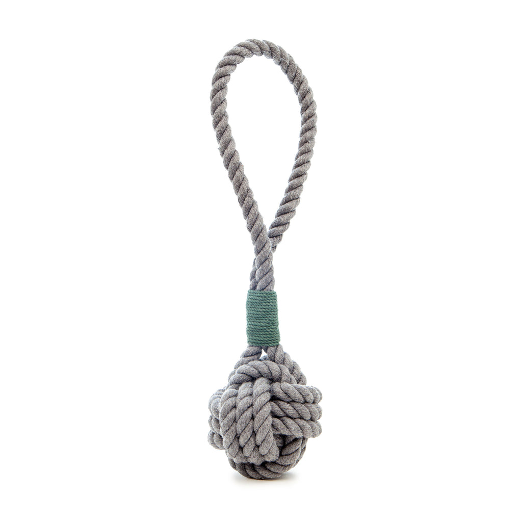 MYSTIC KNOTWORK | Monkey Fist Dog Toy in Grey with Green Whipping Play MYSTIC KNOTWORK   