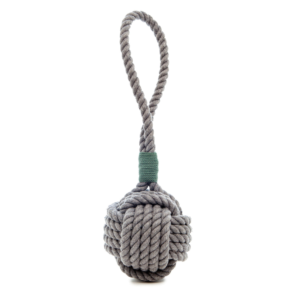 MYSTIC KNOTWORK | Monkey Fist Dog Toy in Grey with Green Whipping Play MYSTIC KNOTWORK   