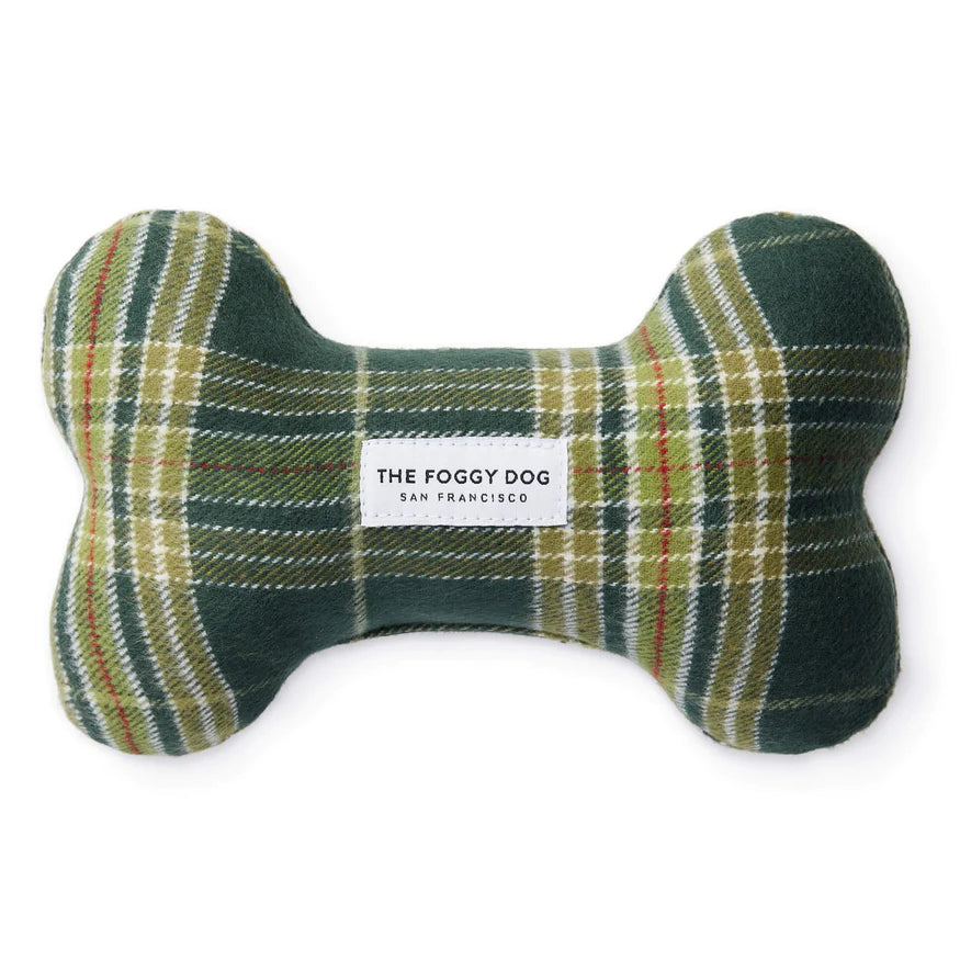 Mossy Plaid Flannel Dog Bone Squeaky Toy (Made in the USA) Dog Toys THE FOGGY DOG   