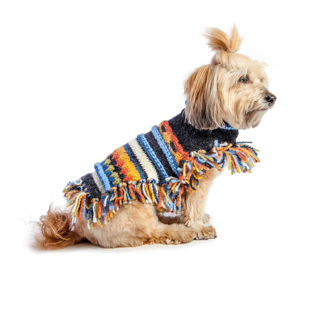 PERUVIAN KNITS | Fringe Poncho Sweater in Blue Stripe Apparel Peruvian Trading   