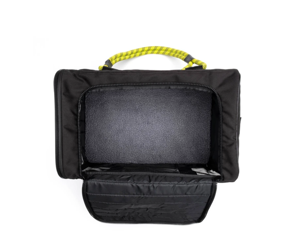 Out-Of-Office Dog Carrier in Black with Neon Yellow Straps Carry ROVERLUND   