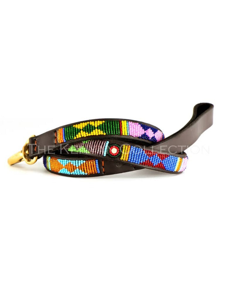 Hippo Circus Beaded Narrow Leather Dog Leash WALK THE KENYAN COLLECTION   