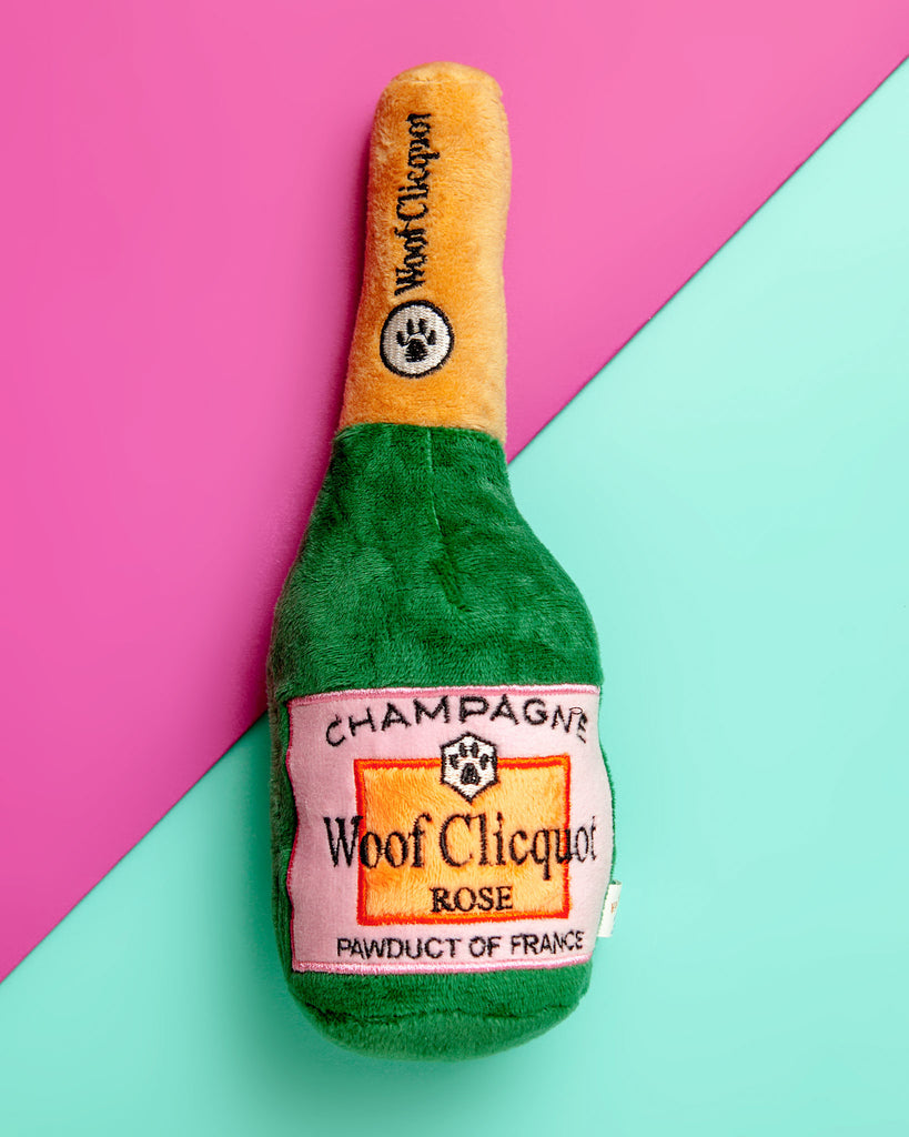 Woof Clicquot Rose' Champagne Bottle Dog Toy Small Woof Clicquot Rose' Champagne Bottle Dog Toy Small
