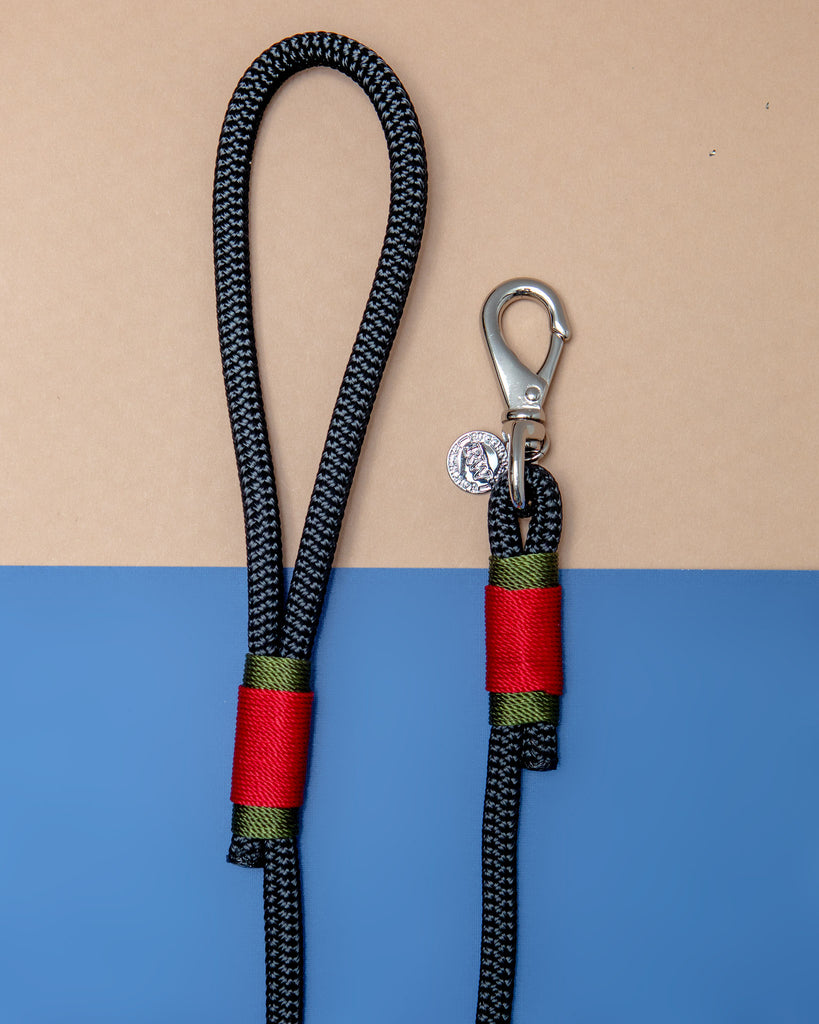Black Rope with Red and Olive Trim Dog Leash (Made in the USA) WALK RUGGED WRIST   
