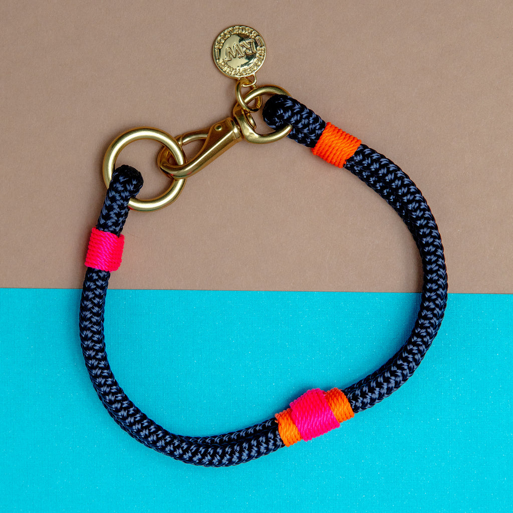 Navy, Neon Pink & Neon Orange Rope Dog Collar (Made in the USA) WALK RUGGED WRIST   
