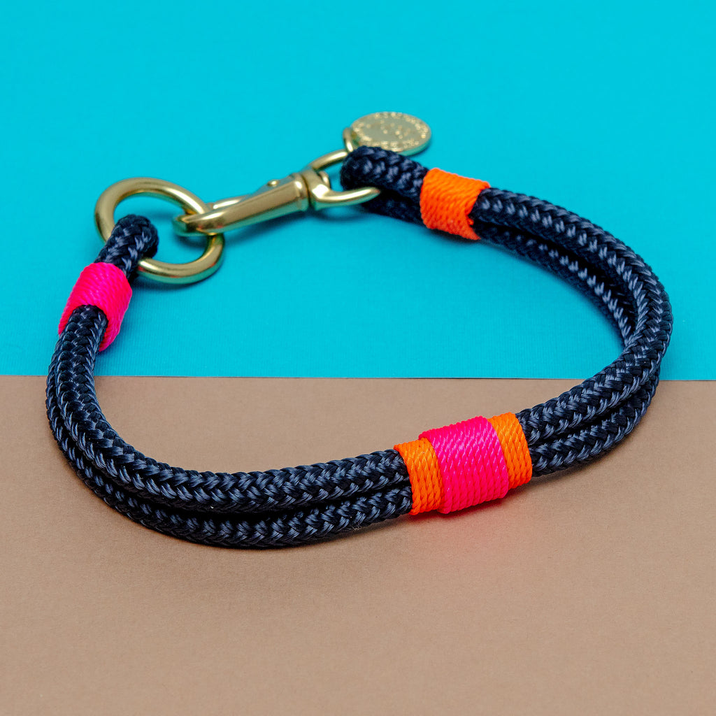 Navy, Neon Pink & Neon Orange Rope Dog Collar (Made in the USA) WALK RUGGED WRIST   