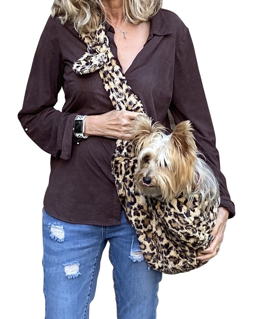 Faux Fur Leopard Sling Dog Carrier Bag (Made in the USA) (FINAL SALE) Carry THE DOG SQUAD   
