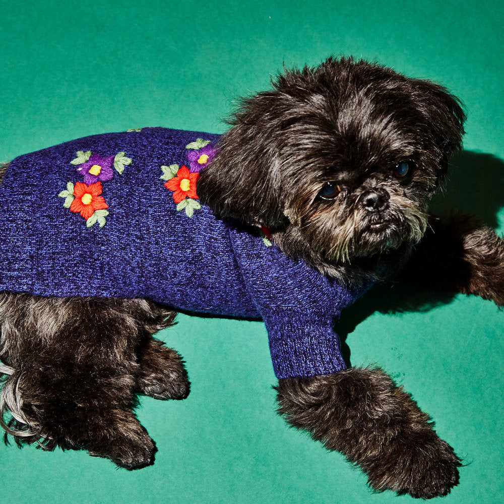 WARE OF THE DOG | Embroidered Flower Sweater in Blue Melange Apparel WARE OF THE DOG   