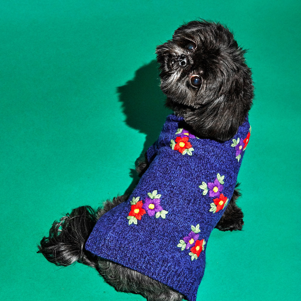 WARE OF THE DOG | Embroidered Flower Sweater in Blue Melange Apparel WARE OF THE DOG   